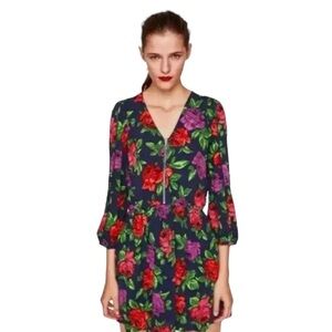 Zara Womens Medium Floral Dress Blue Red & Pink A-Line Exposed Zipper
